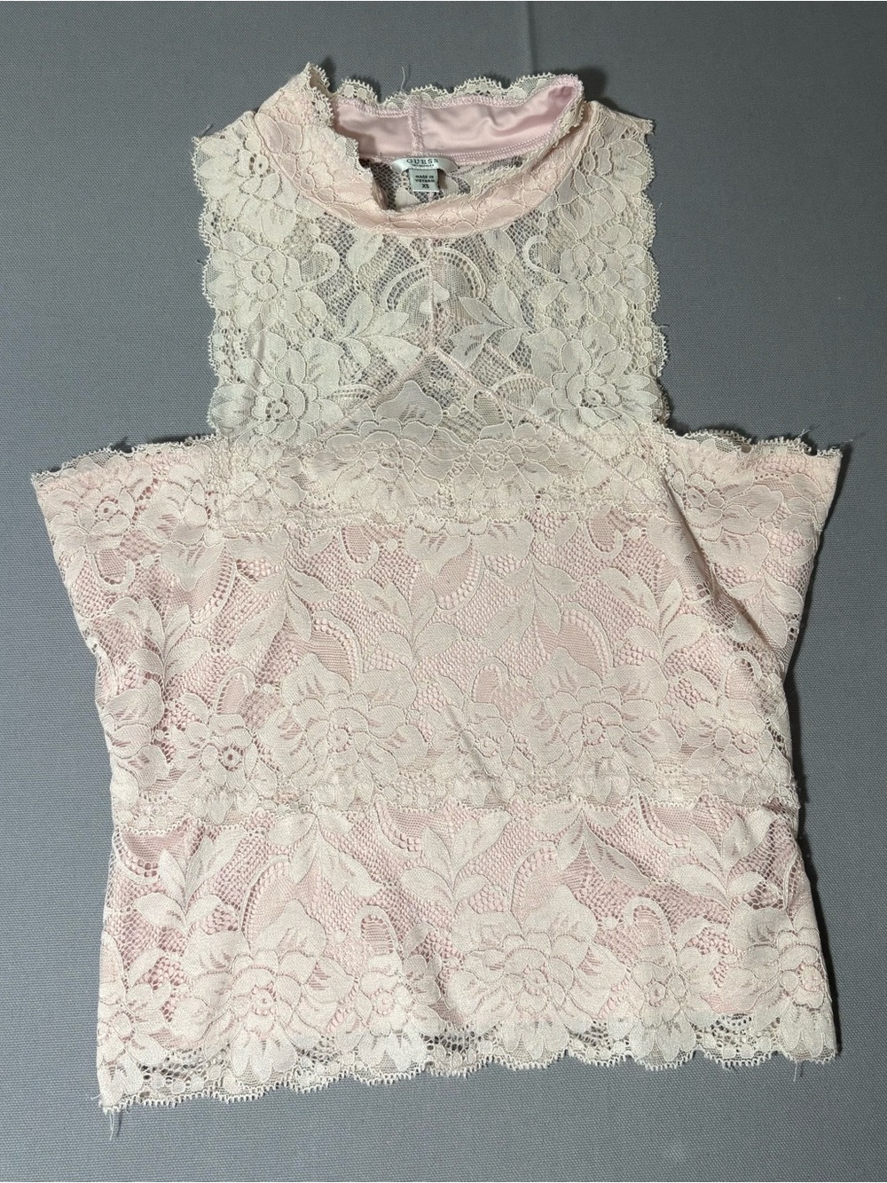 GUESS Juniors Pastel Pink Floral Mesh Lace Sleeveless High Neck Crop Top XS